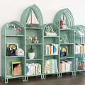 Stylish Green Arched Top Bookcase With Books Decorative Models Plants And Figurines