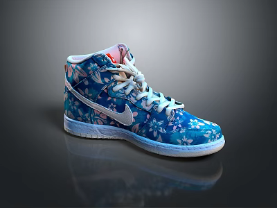 Blue High Top Shoes With Floral Print White Laces And Side Logo 3d model