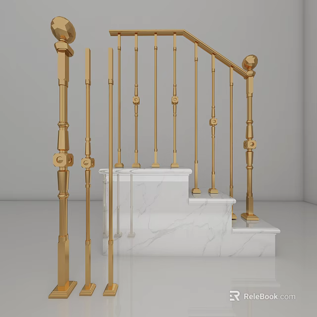 Modern Golden Indoor Staircase Railing With Elegant Balusters And Marble Steps 3d model 