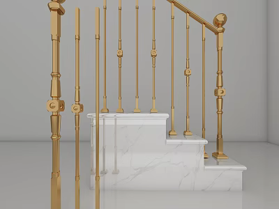 Modern Golden Indoor Staircase Railing With Elegant Balusters And Marble Steps 3d model