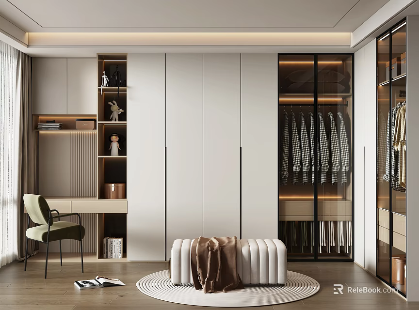 Modern Walk In Closet With Wardrobe Seating And Desk 3d model 