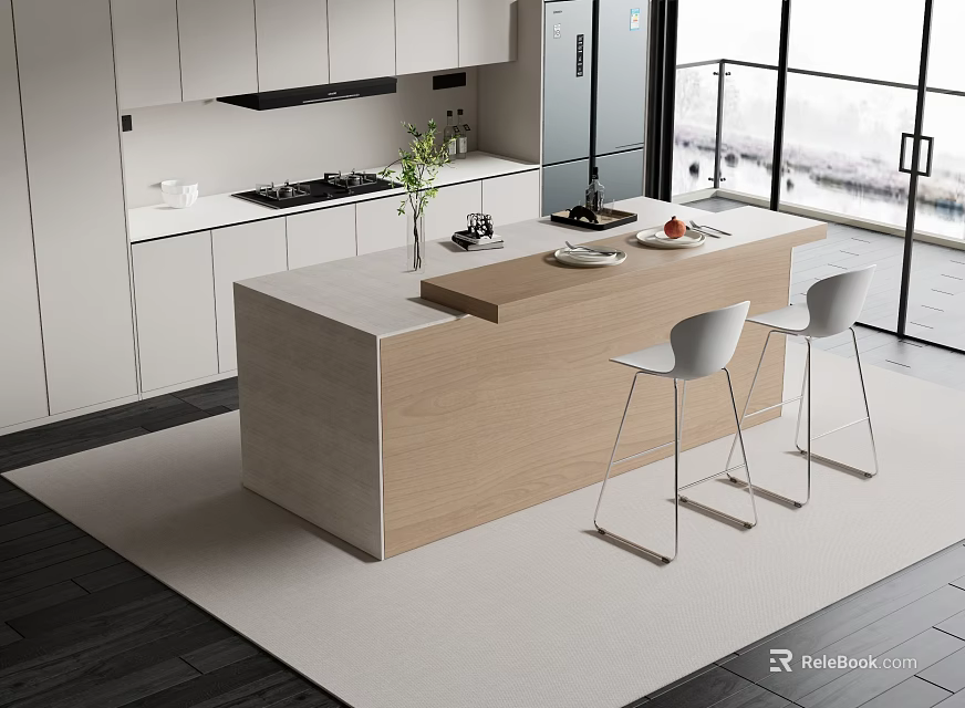 Modern Kitchen Interior With Island Bar Counter White Cabinets Bar Stools And Large Windows 3d model 