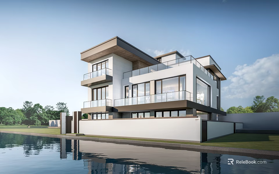 Modern Detached Villa With Large Windows Balcony Water Pool And Greenery 3d model 