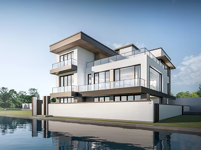 Modern Detached Villa With Large Windows Balcony Water Pool And Greenery 3d model