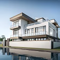 Modern Detached Villa With Large Windows Balcony Water Pool And Greenery