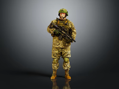 Military Soldier In Camouflage Uniform With Helmet And Rifle Standing Against Gray Background 3d model