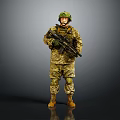 Military Soldier In Camouflage Uniform With Helmet And Rifle Standing Against Gray Background