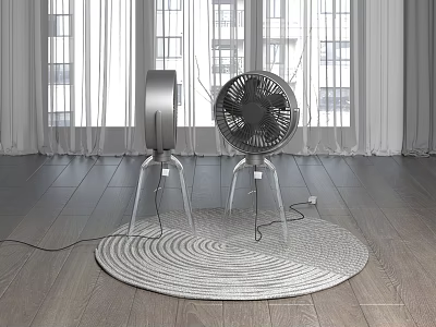 Two Vertical Air Conditioner Fans In Modern Room With Window Curtains And Wooden Floor 3d model