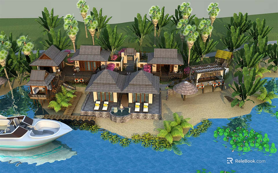 Tropical Island Resort With Thatched Cottages Palm Trees Sandy Beach And Boat 3d model 