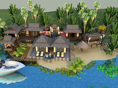 Tropical Island Resort With Thatched Cottages Palm Trees Sandy Beach And Boat 3d model