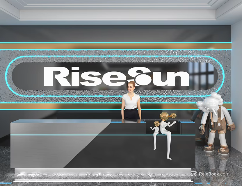 Modern Store Front Desk With RiseSun Logo Neon Light Staff And Decorative Figures 3d model 
