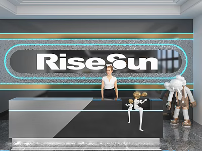 Modern Store Front Desk With RiseSun Logo Neon Light Staff And Decorative Figures 3d model