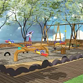 Outdoor Children's Play Area With Swings Seesaw Tire Rings And Wooden Walkway