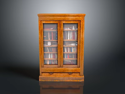 Classic Wooden Bookcase With Glass Doors Shelves Filled With Books And Bottom Drawer 3d model