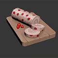 Strawberry Pattern Cake Roll On Wooden Tray With Sliced Pieces And Fresh Strawberries