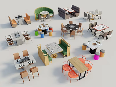 Modern Dining Table Sets with Booth Seating Round Square Tables and Various Chairs 3d model