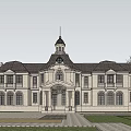Elegant European-style Architecture with Domed Roof Water Reflection and Stone Platform