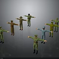 Military Soldier Models in Various Military Uniforms with Arms Outstretched Pose on Dark Background