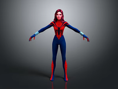 Woman In Blue And Red Spider Man Bodysuit With Mask And Spider Emblem 3d model