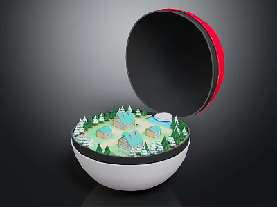 Cartoon Village Scene Inside Open Sphere With Small Houses And Green Trees 3d model