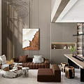 Modern Duplex Living Room Interior Design With Brown Sofa Marble Coffee Table And Abstract Painting
