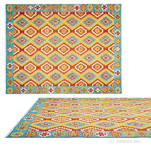 Square Area Rug With Colorful Geometric Diamond Patterns And Border Design 3d model