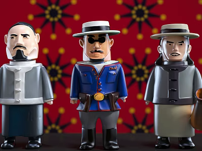 Three Historical Action Figures in Military Uniform and Traditional Robes with Red Floral Background 3d model