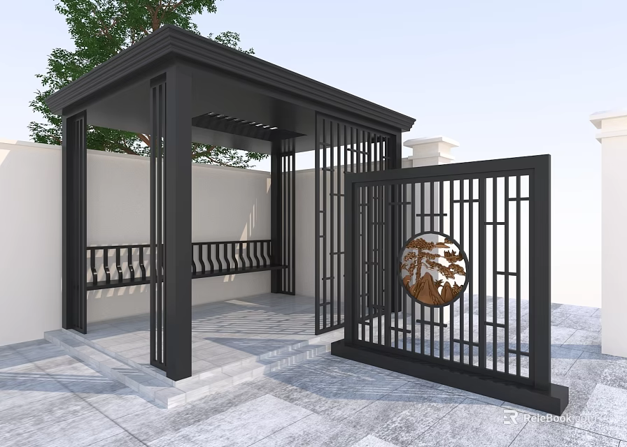 Chinese Style Garden Entrance With Black Pavilion Circular Decorative Gate And Gray Floor 3d model 