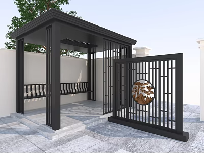 Chinese Style Garden Entrance With Black Pavilion Circular Decorative Gate And Gray Floor 3d model