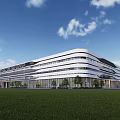 Modern Industrial Factory Building With White Exterior Green Lawn And Trees Surroundings
