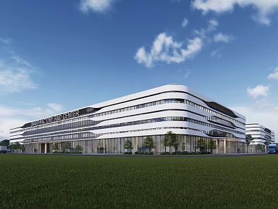 Modern Industrial Factory Building With White Exterior Green Lawn And Trees Surroundings 3d model