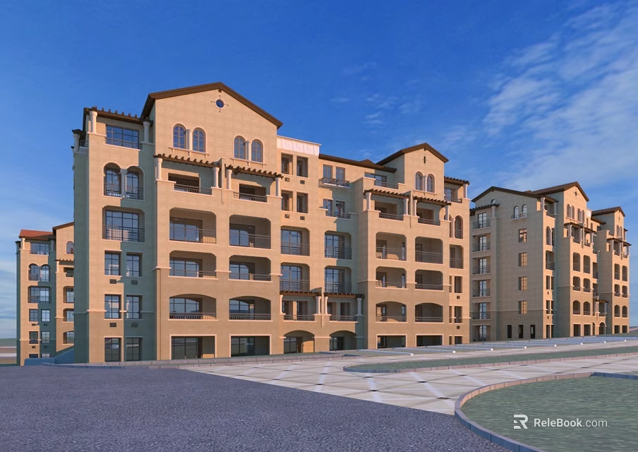Multi Story Residential Building With Beige Exterior Arched Windows And Spacious Balconies 3d model 