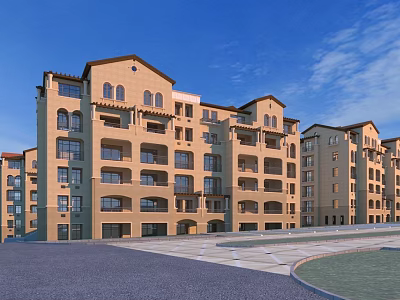 Multi Story Residential Building With Beige Exterior Arched Windows And Spacious Balconies 3d model