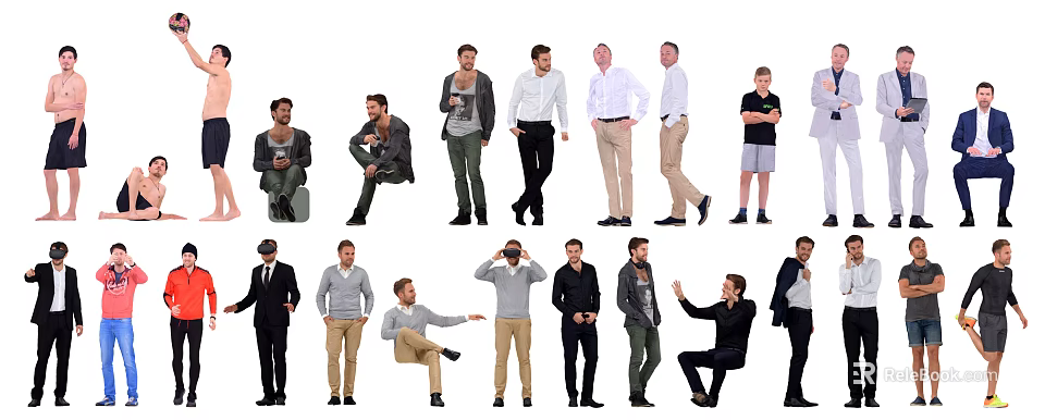 Group of Diverse Men in Different Poses and Casual Clothing Standing and Sitting 3d model 