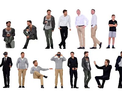 Group of Diverse Men in Different Poses and Casual Clothing Standing and Sitting 3d model