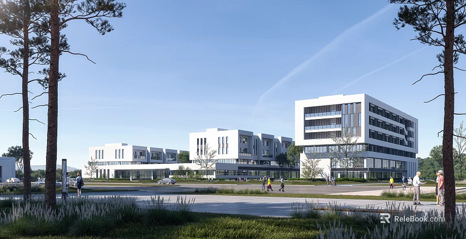 Modern White Multi Story School Buildings With Green Lawns And Trees On Campus 3d model 