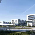 Modern White Multi Story School Buildings With Green Lawns And Trees On Campus