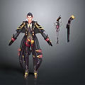 3D Fantasy Character Model In Black Gold Trimmed Coat With Swords And Scabbard