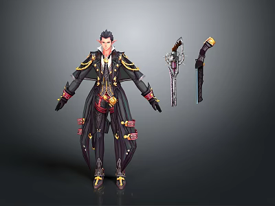 3D Fantasy Character Model In Black Gold Trimmed Coat With Swords And Scabbard 3d model