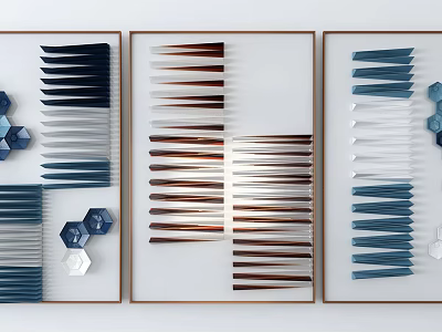 Three Framed Decorative Wall Art With Colorful Strips And Hexagon Shapes 3d model