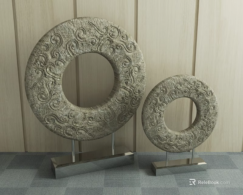 Elegant Ornamental Decor Set With Two Circular Intricate Carvings On Metal Stands And Wooden Wall 3d model 