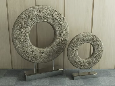 Elegant Ornamental Decor Set With Two Circular Intricate Carvings On Metal Stands And Wooden Wall 3d model
