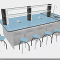 Modern Functional Laboratory Table With Blue Tabletop Shelf Drawers And Blue Stools 3d model