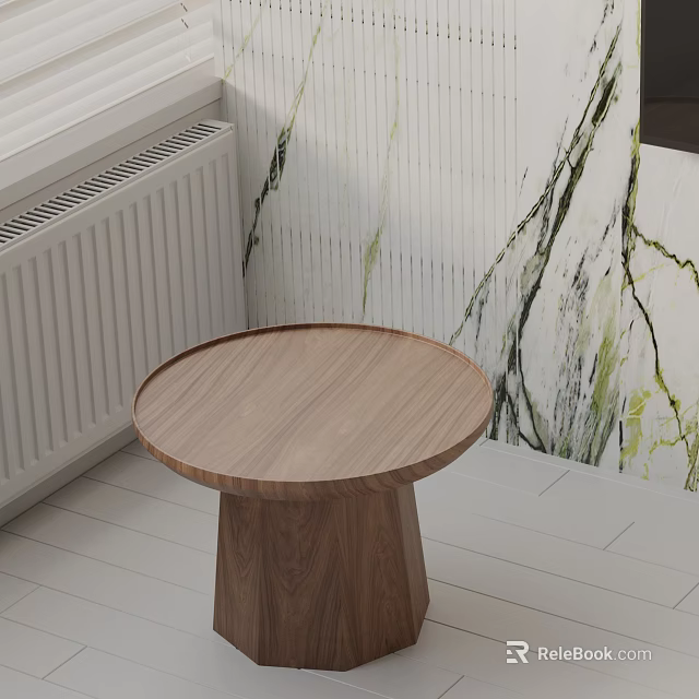Wooden Side Table With Round Top And Pedestal Base By Light Colored Textured Wall 3d model 