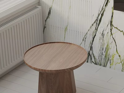 Wooden Side Table With Round Top And Pedestal Base By Light Colored Textured Wall 3d model