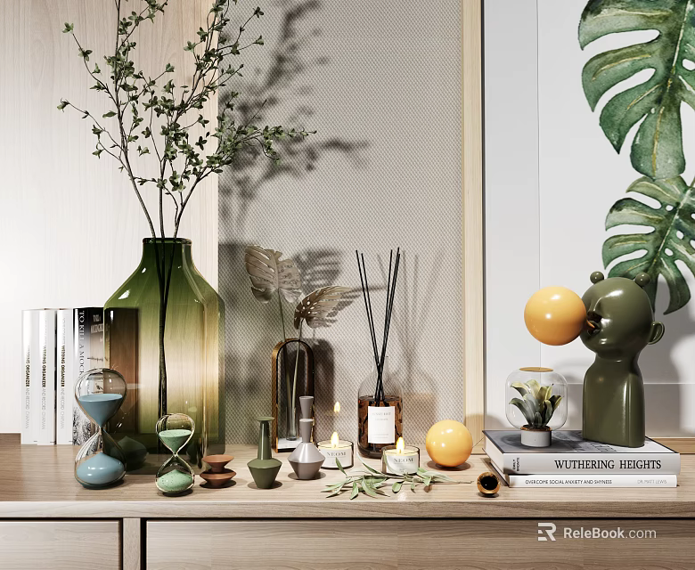 Decorative Ornament Set With Green Plants Vase Aromatherapy Sticks Sculpture Hourglass Candles And Books 3d model 