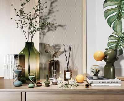 Decorative Ornament Set With Green Plants Vase Aromatherapy Sticks Sculpture Hourglass Candles And Books 3d model