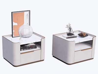 Modern Elegant Bedside Tables With Marble Tops Glass Globe Books Vase And Decorative Tray 3d model
