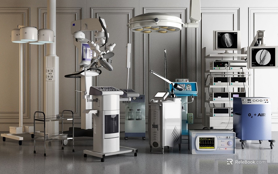 Modern Medical Devices in Operating Room with Surgical Lights Monitors and Instrument Carts 3d model 