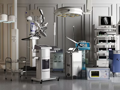 Modern Medical Devices in Operating Room with Surgical Lights Monitors and Instrument Carts 3d model